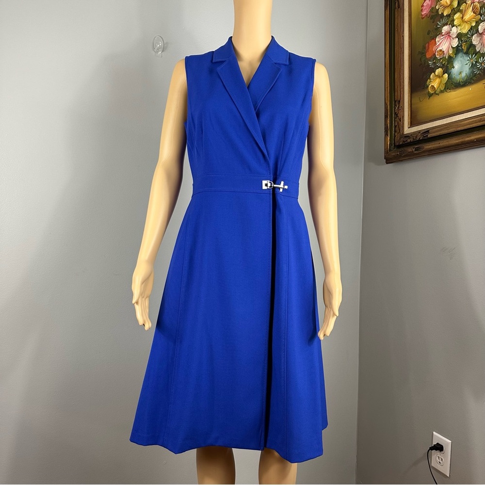 Calvin Klein Royal Blue Sleeveless Collared Faux Wrap A-line Dress Size 6
